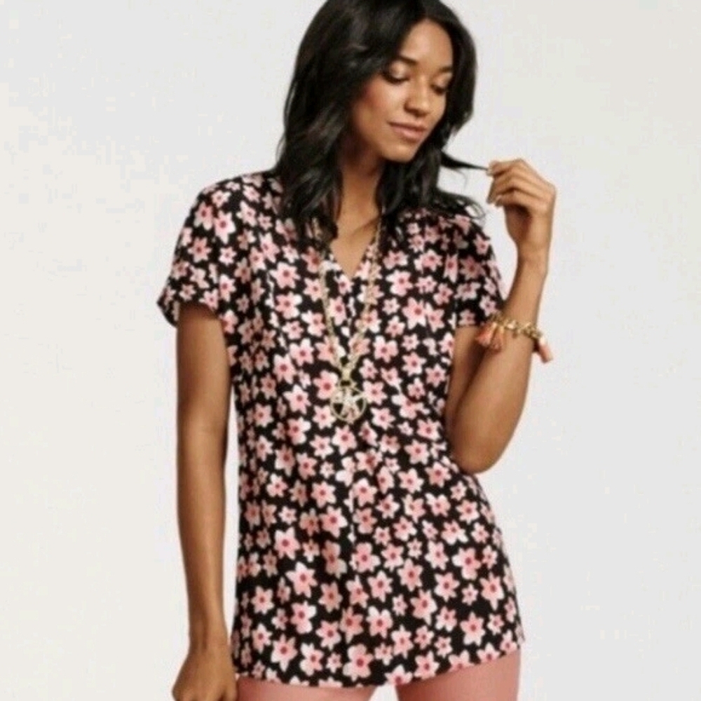 Cabi Suave Harmony Blouse Starflower Floral Short Sleeve Top Blouse